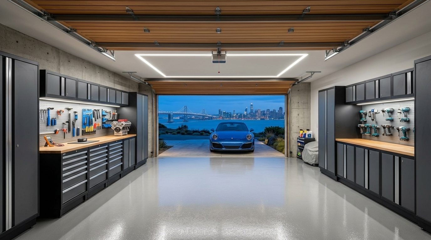 Amir Pro Garage Door Interior View of Custom Garage Door Overhead and Workshop